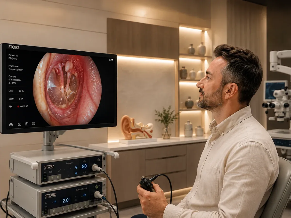 Endoscopic tympanoplasty monitor during ear surgery with Dr. İsa Dağlı, ENT surgeon in Antalya, Turkey